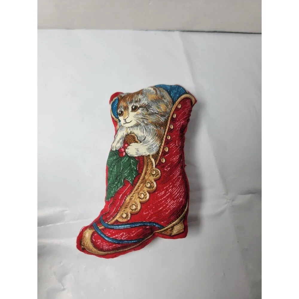 Vintage Style Christmas Cat in Stocking Mini Plush Pillow Shelf Sitter...